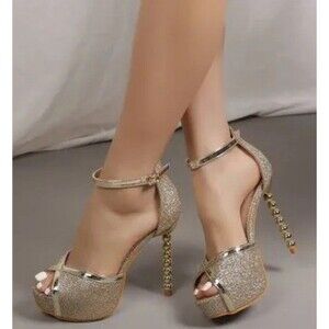 Women's Gold Sparkly Embellished Sculptural Heel Platform Peep Toe Shoes Sz 8.5